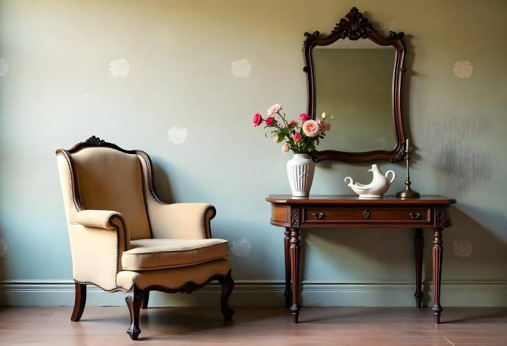 Old Chair, Mirror, and Table in Front of a Vintage Wall